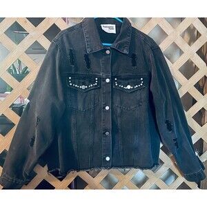 SAVANNAH JANE Pearls & Rhinestones Black Distressed Denim Boho Jacket 1X